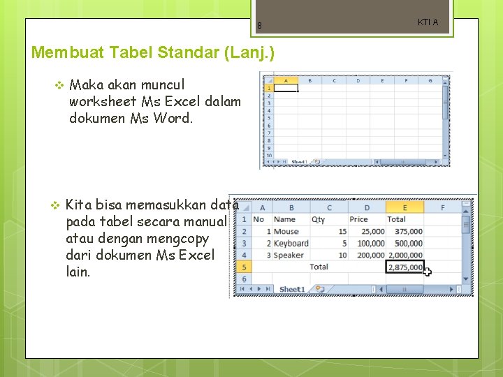 8 Membuat Tabel Standar (Lanj. ) v v Maka akan muncul worksheet Ms Excel