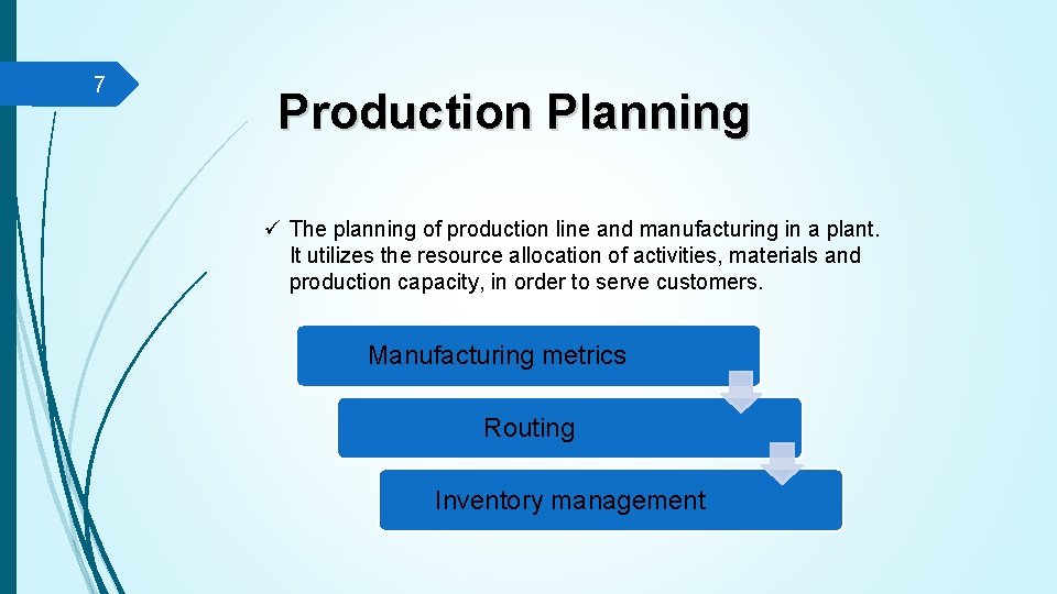 7 Production Planning ü The planning of production line and manufacturing in a plant.