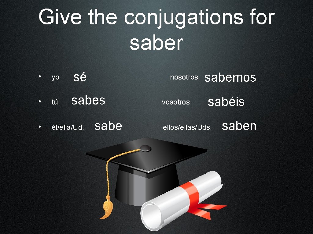 Give the conjugations for saber • yo sé • tú sabes • él/ella/Ud. nosotros