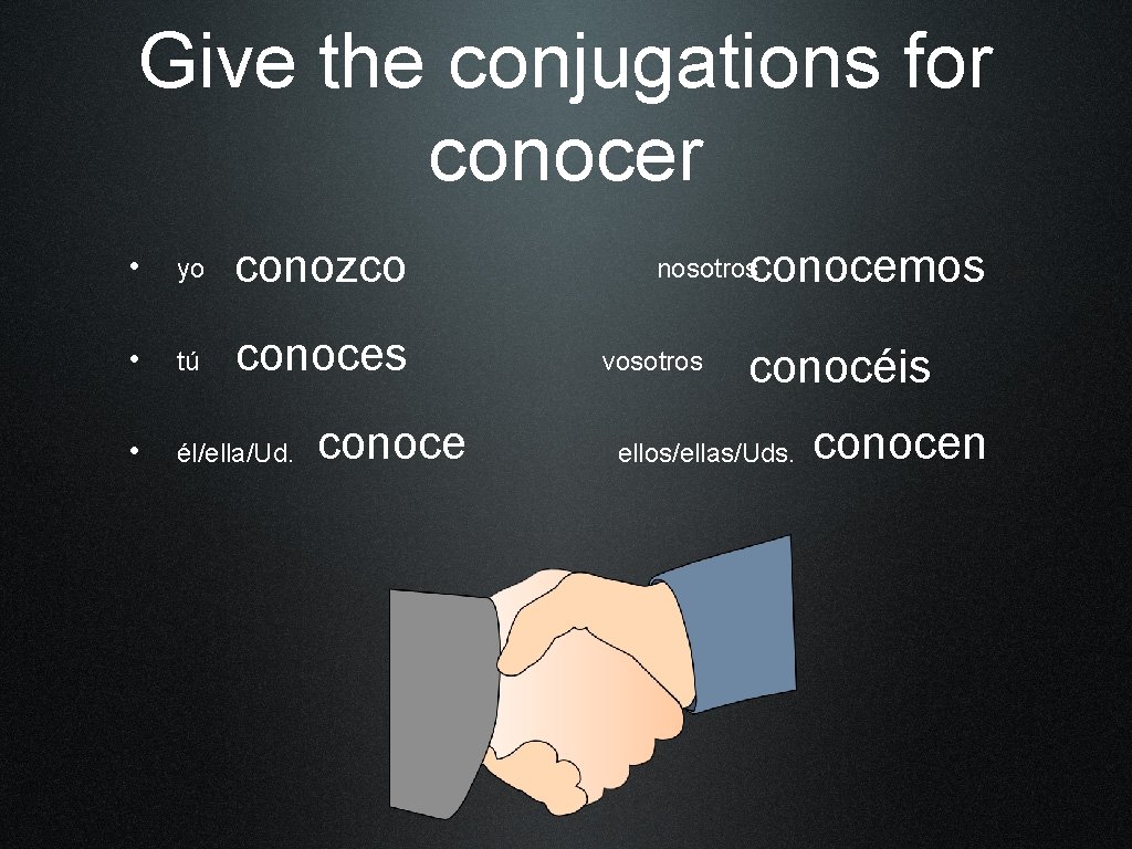 Give the conjugations for conocer • yo conozco • tú conoces • él/ella/Ud. conocemos