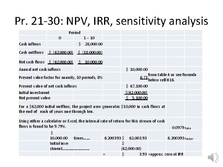 Pr. 21 -30: NPV, IRR, sensitivity analysis Period 0 Cash inflows Cash outflows 1