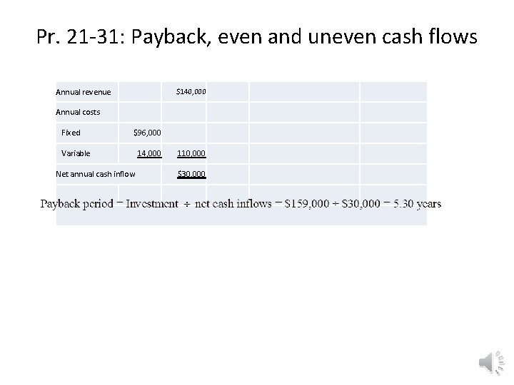 Pr. 21 -31: Payback, even and uneven cash flows Annual revenue $140, 000 Annual