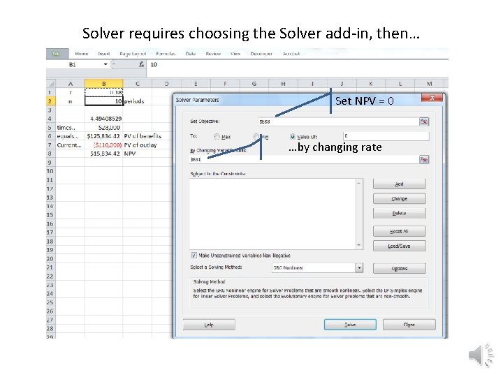 Solver requires choosing the Solver add-in, then… Set NPV = 0 …by changing rate