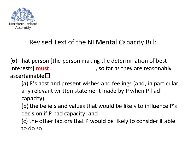 Revised Text of the NI Mental Capacity Bill: (6) That person [the person making