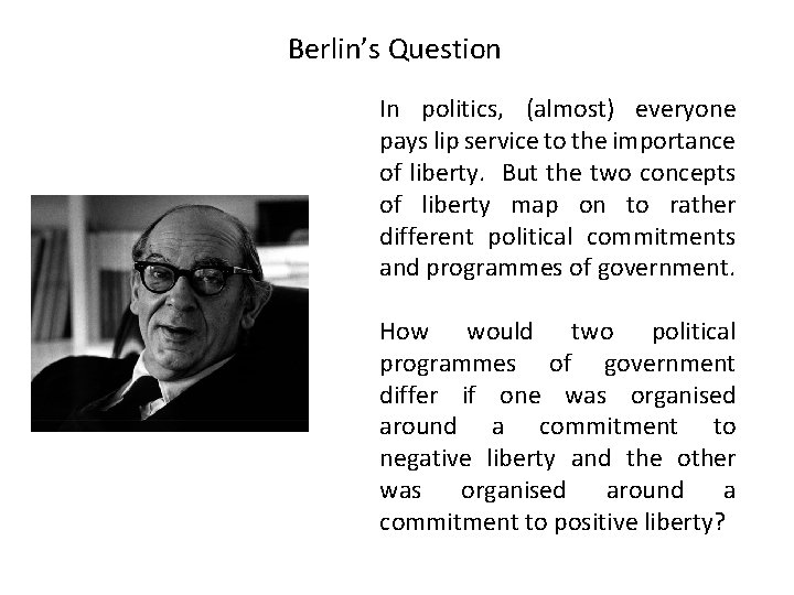 Berlin’s Question In politics, (almost) everyone pays lip service to the importance of liberty.