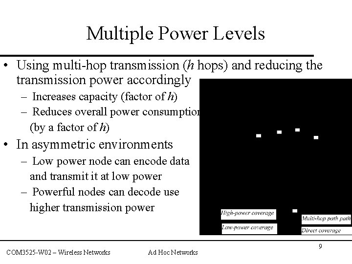 Multiple Power Levels • Using multi-hop transmission (h hops) and reducing the transmission power