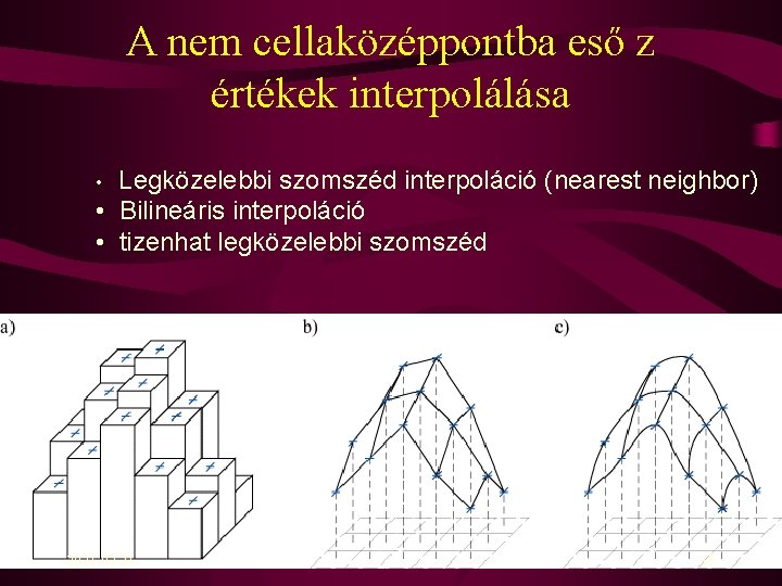 A nem cellaközéppontba eső z értékek interpolálása Legközelebbi szomszéd interpoláció (nearest neighbor) • Bilineáris