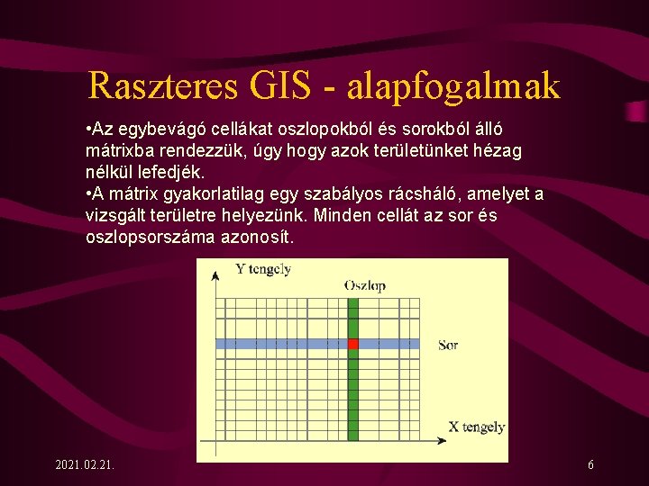 Raszteres GIS - alapfogalmak • Az egybevágó cellákat oszlopokból és sorokból álló mátrixba rendezzük,