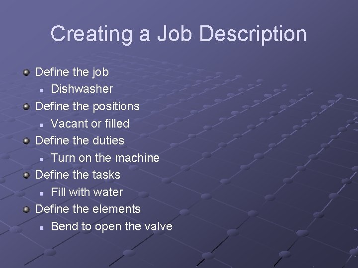 Creating a Job Description Define the job n Dishwasher Define the positions n Vacant