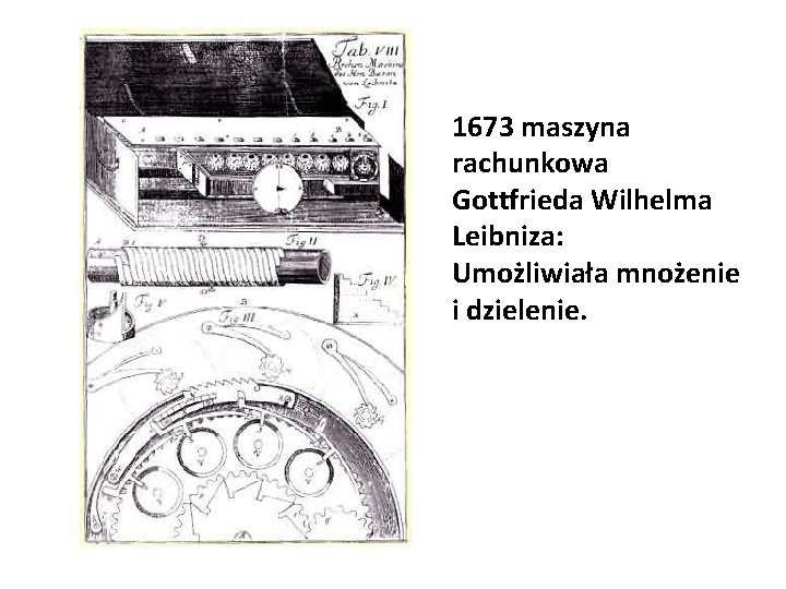 1673 maszyna rachunkowa Gottfrieda Wilhelma Leibniza: Umożliwiała mnożenie i dzielenie. 