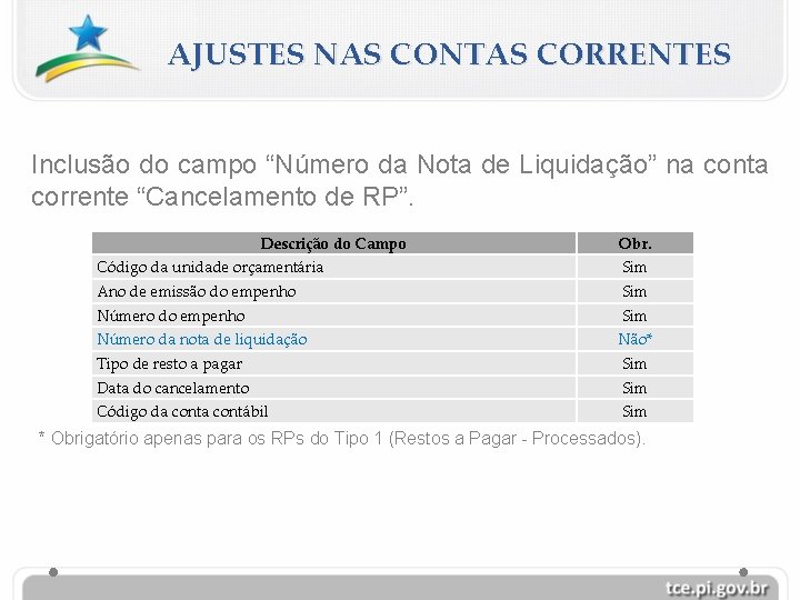 AJUSTES NAS CONTAS CORRENTES Inclusão do campo “Número da Nota de Liquidação” na conta