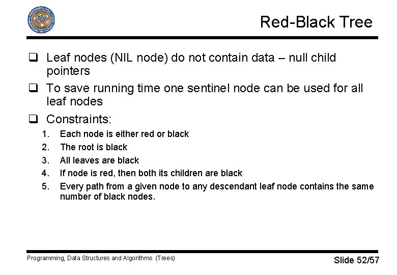 Red-Black Tree q Leaf nodes (NIL node) do not contain data – null child