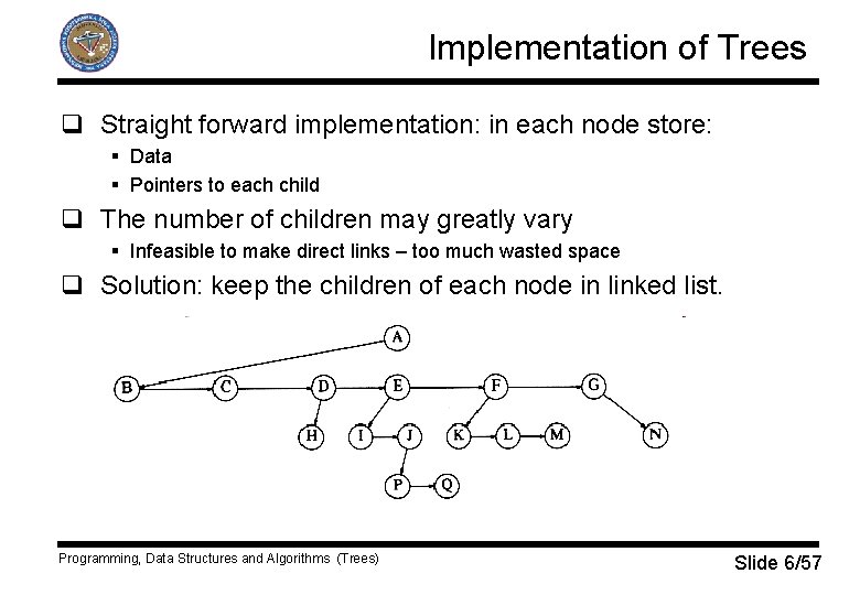 Implementation of Trees q Straight forward implementation: in each node store: § Data §