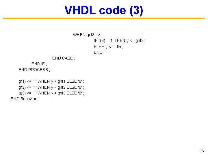 VHDL code (3) WHEN gnt 3 => IF r(3) = '1' THEN y <=