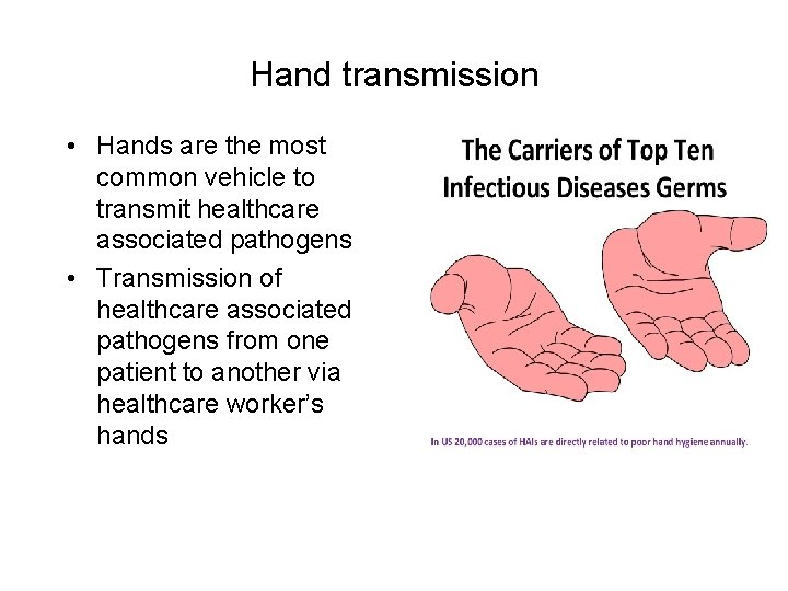 Hand transmission • Hands are the most common vehicle to transmit healthcare associated pathogens