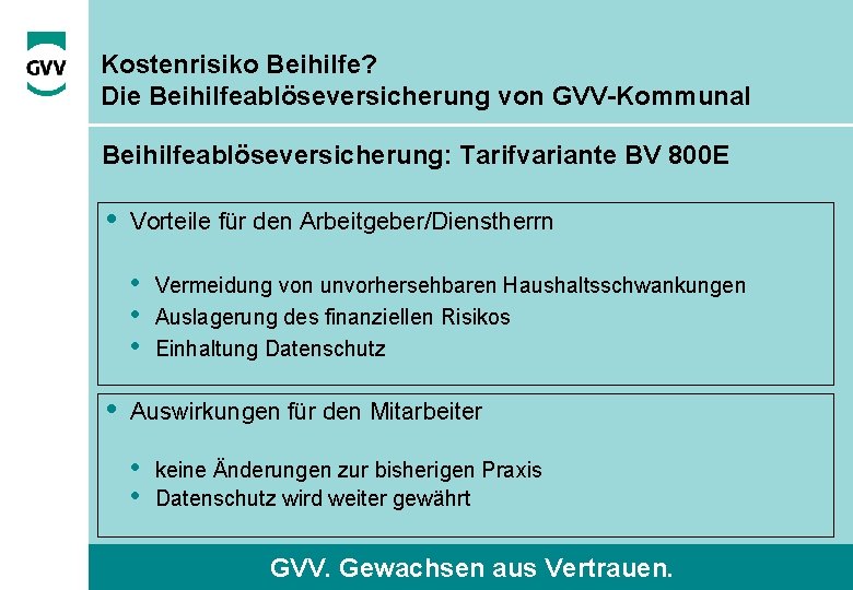 Kostenrisiko Beihilfe? Die Beihilfeablöseversicherung von GVV-Kommunal Beihilfeablöseversicherung: Tarifvariante BV 800 E • Vorteile für
