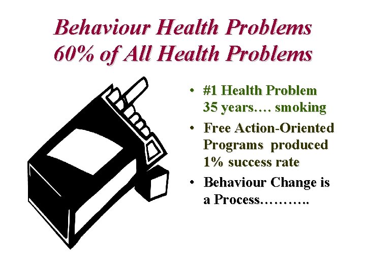Behaviour Health Problems 60% of All Health Problems • #1 Health Problem 35 years….