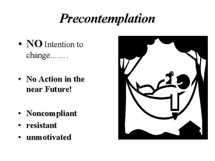 Precontemplation • NO Intention to change……. • No Action in the near Future! •