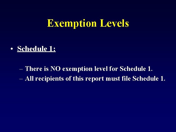 Exemption Levels • Schedule 1: – There is NO exemption level for Schedule 1.