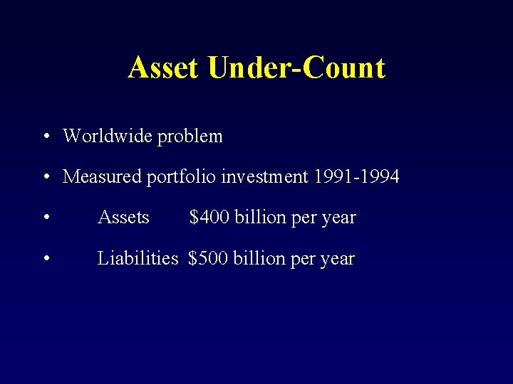 Asset Under-Count • Worldwide problem • Measured portfolio investment 1991 -1994 • Assets •