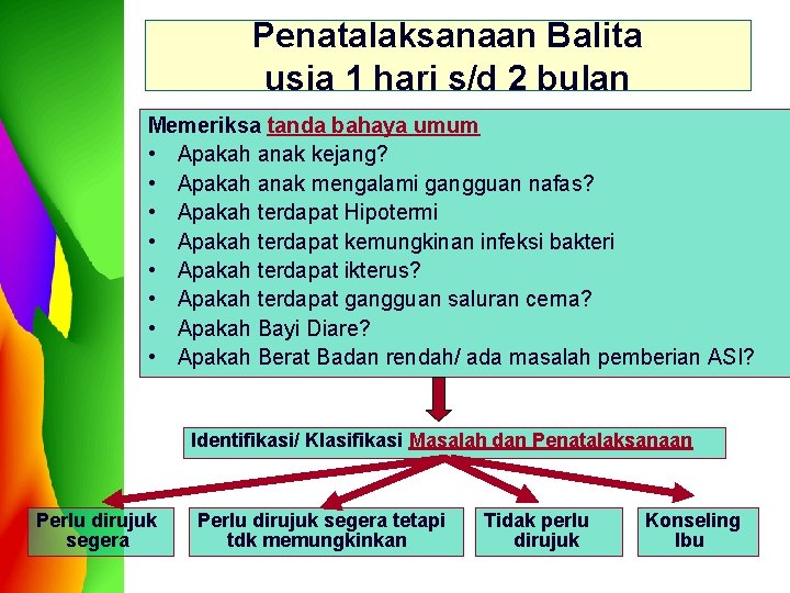 Penatalaksanaan Balita usia 1 hari s/d 2 bulan Memeriksa tanda bahaya umum • Apakah