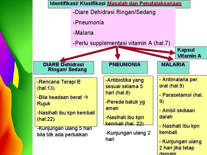 Identifikasi/ Klasifikasi Masalah dan Penatalaksanaan -Diare Dehidrasi Ringan/Sedang -Pneumonia -Malaria -Perlu supplementasi vitamin A