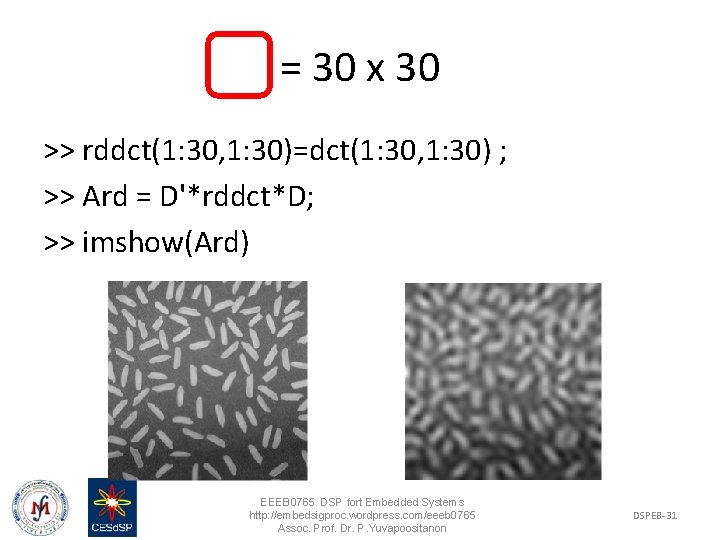 = 30 x 30 >> rddct(1: 30, 1: 30)=dct(1: 30, 1: 30) ; >>