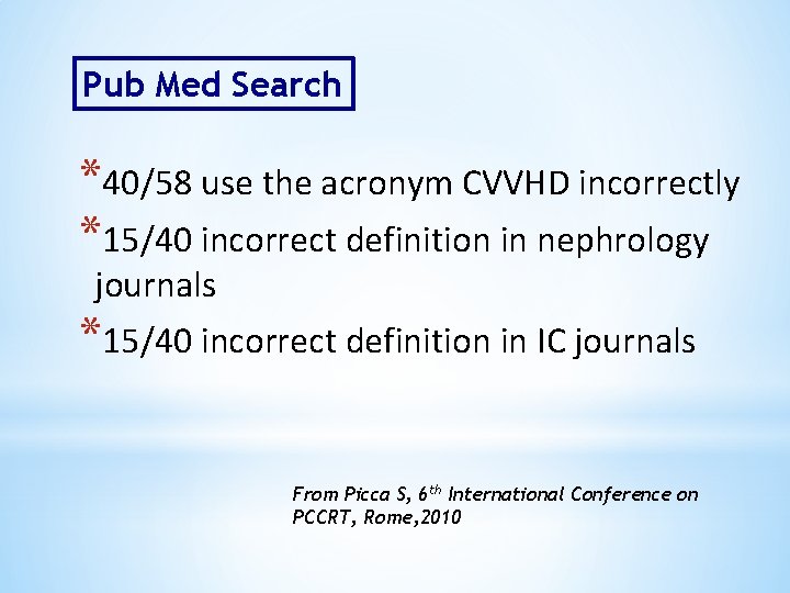 Pub Med Search *40/58 use the acronym CVVHD incorrectly *15/40 incorrect definition in nephrology