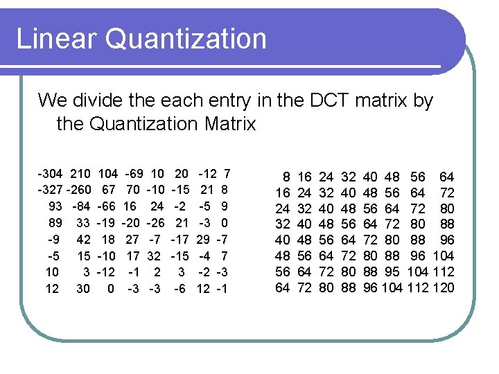 Linear Quantization We divide the each entry in the DCT matrix by the Quantization