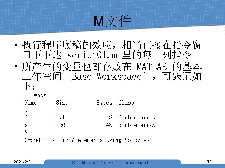 M文件 • 执行程序底稿的效应，相当直接在指令窗 口下下达 script 01. m 里的每一列指令 • 所产生的变量也都存放在 MATLAB 的基本 作空间（Base Workspace），可验证如