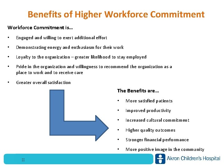 Benefits of Higher Workforce Commitment is… • Engaged and willing to exert additional effort