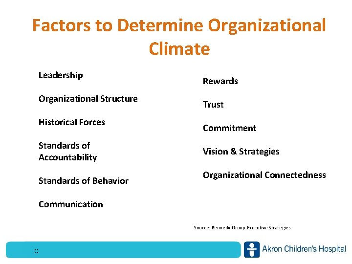 Factors to Determine Organizational Climate Leadership Organizational Structure Historical Forces Standards of Accountability Standards
