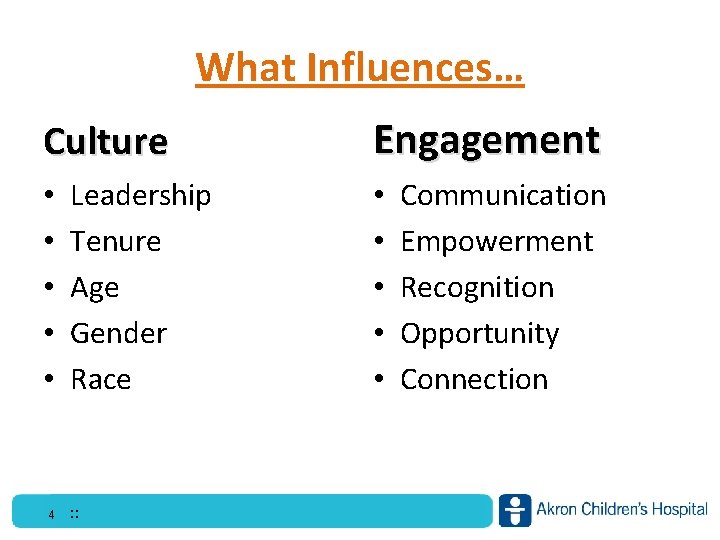 What Influences… Culture • • • 4 Leadership Tenure Age Gender Race : :