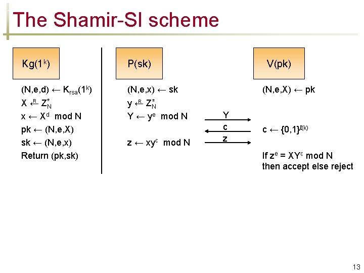 The Shamir-SI scheme Kg(1 k) P(sk) (N, e, d) ← Krsa(1 k) R X←