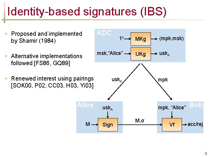 Identity-based signatures (IBS) § Proposed and implemented by Shamir (1984) KDC 1 k MKg