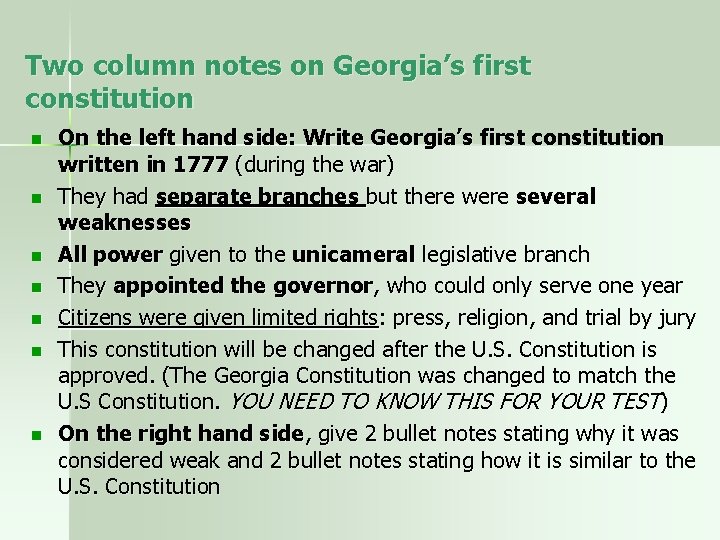 Two column notes on Georgia’s first constitution n n n On the left hand