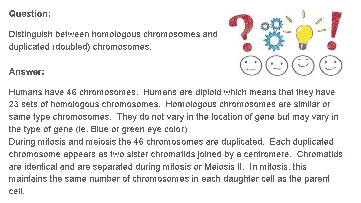 Question: Distinguish between homologous chromosomes and duplicated (doubled) chromosomes. Answer: Humans have 46 chromosomes.