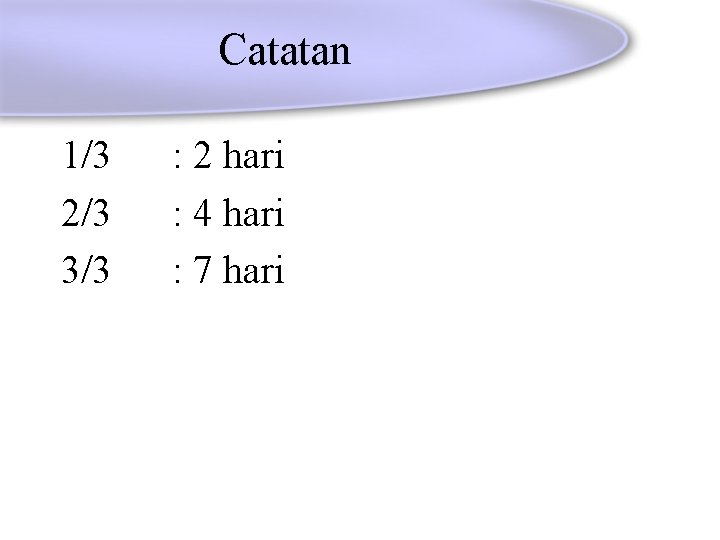 Catatan 1/3 : 2 hari 2/3 : 4 hari 3/3 : 7 hari 