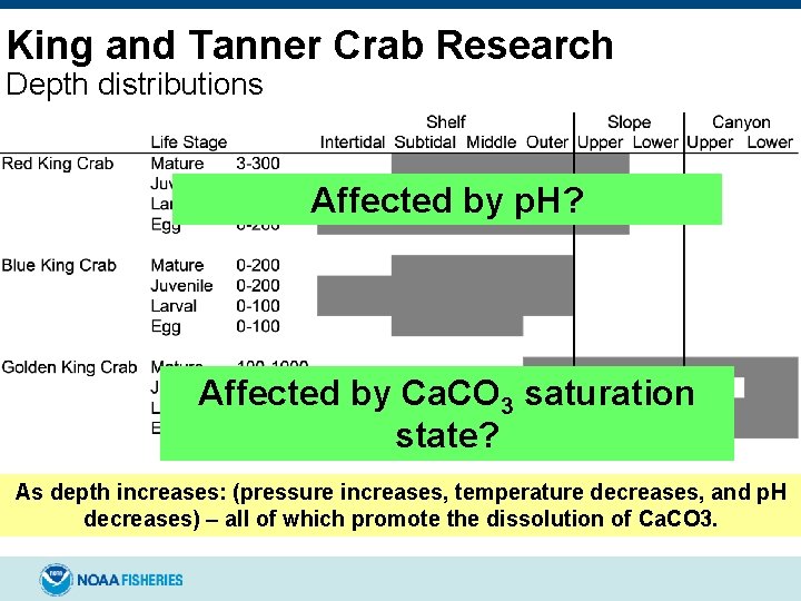 King and Tanner Crab Research Depth distributions Affected by p. H? Affected by Ca.