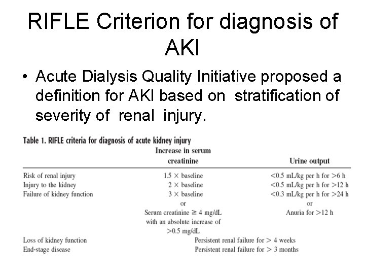 RIFLE Criterion for diagnosis of AKI • Acute Dialysis Quality Initiative proposed a definition