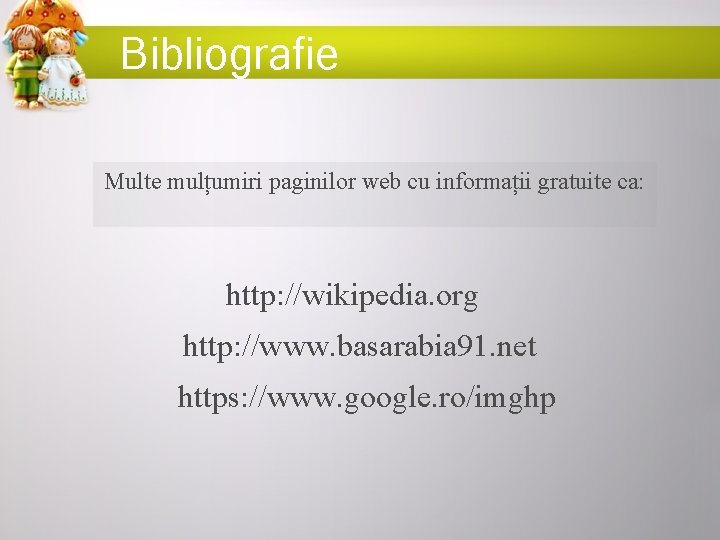 Bibliografie Multe mulțumiri paginilor web cu informații gratuite ca: http: //wikipedia. org http: //www.