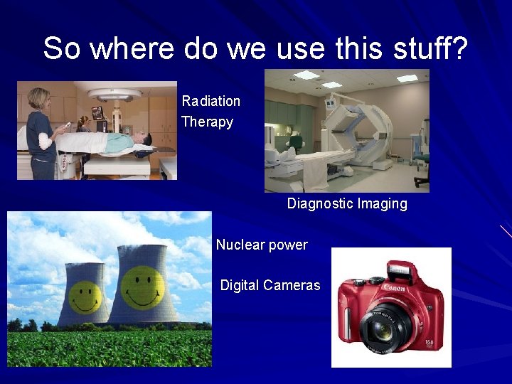 So where do we use this stuff? Radiation Therapy Diagnostic Imaging Nuclear power Digital