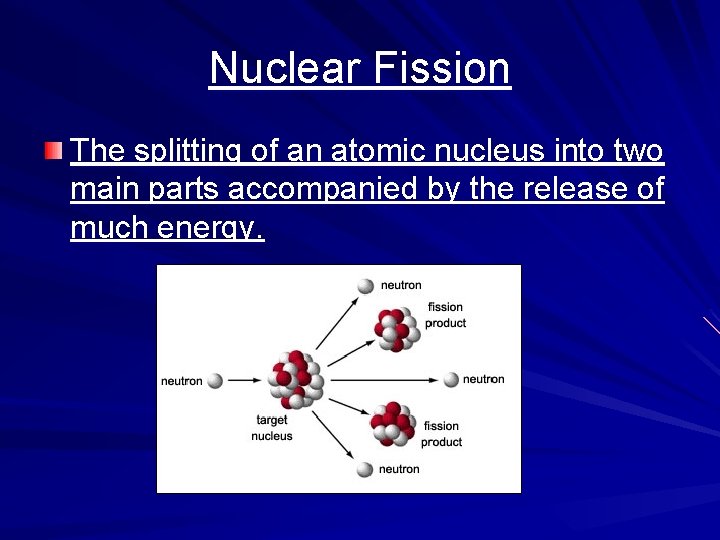 Nuclear Fission The splitting of an atomic nucleus into two main parts accompanied by