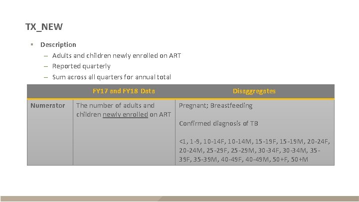 TX_NEW § Description – Adults and children newly enrolled on ART – Reported quarterly