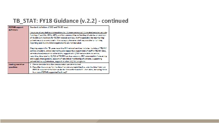 TB_STAT: FY 18 Guidance (v. 2. 2) - continued 