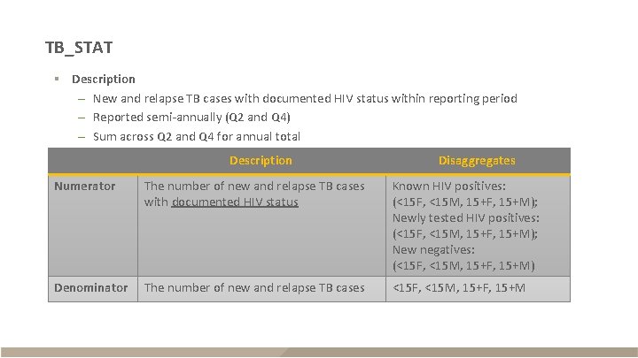 TB_STAT § Description – New and relapse TB cases with documented HIV status within