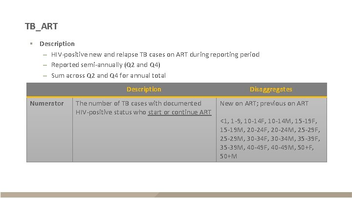 TB_ART § Description – HIV-positive new and relapse TB cases on ART during reporting