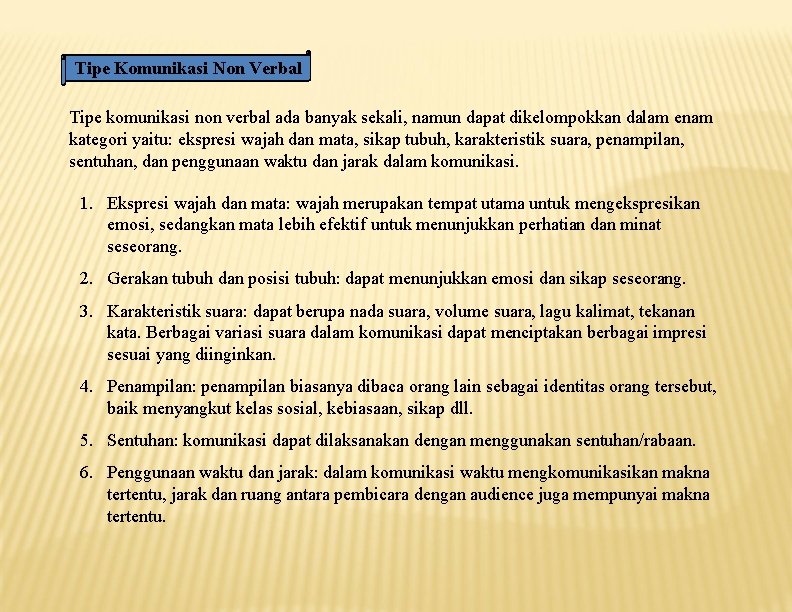 Tipe Komunikasi Non Verbal Tipe komunikasi non verbal ada banyak sekali, namun dapat dikelompokkan