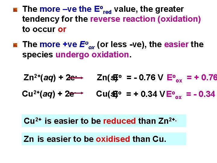 The more –ve the Eored value, the greater tendency for the reverse reaction (oxidation)