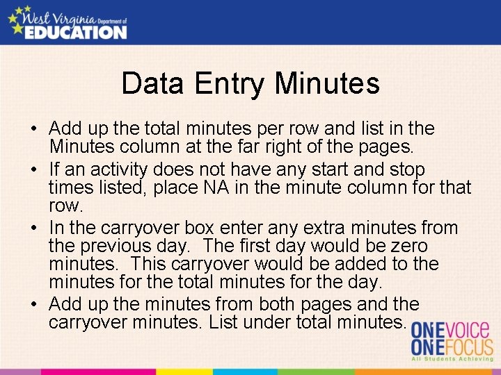 Data Entry Minutes • Add up the total minutes per row and list in